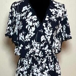 Kindred Dress 2X Plus Size Navy White Floral Midi Faux Wrap V-Neck Border Print